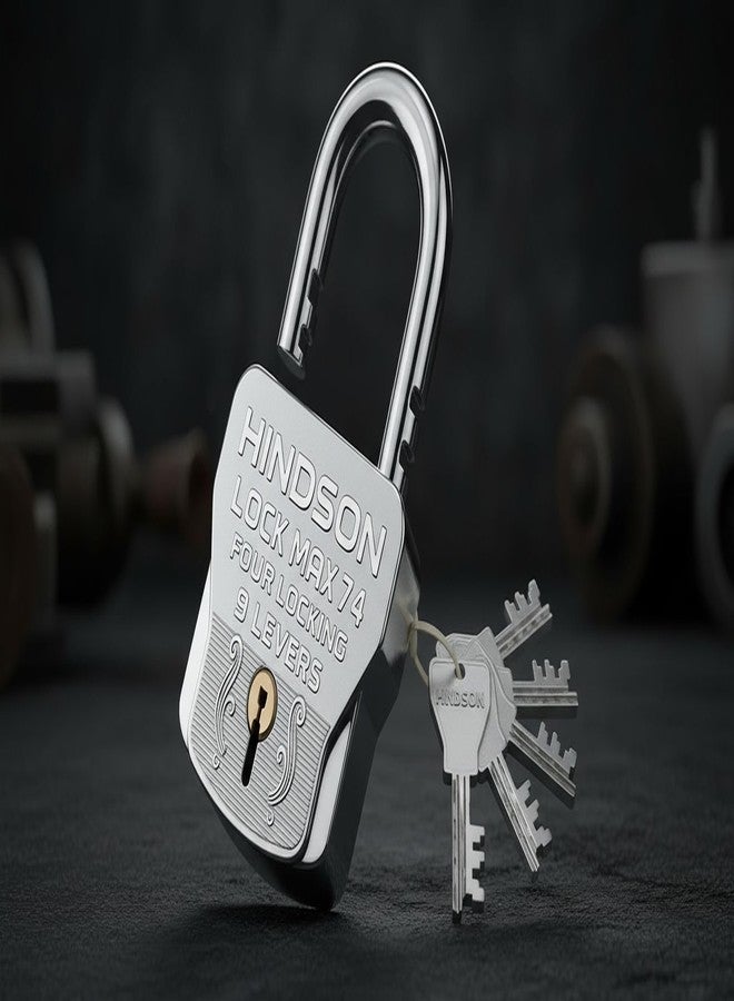 Hindson 4 Locking Heavy Duty Padlock | Lock MAX 74 | 9 Lever Steel Lock & Key | Chrome Finish Big Size 610g Approx Padlock with 4 Keys for Home, Gate & Shutter Security - Image 2